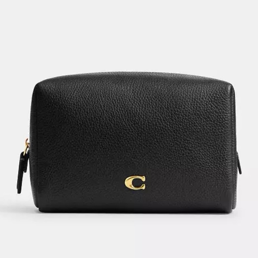 NWT Coach Essential Cosmetic Pouch Black Pebble Leather & Gold “C” - Picture 7 of 10